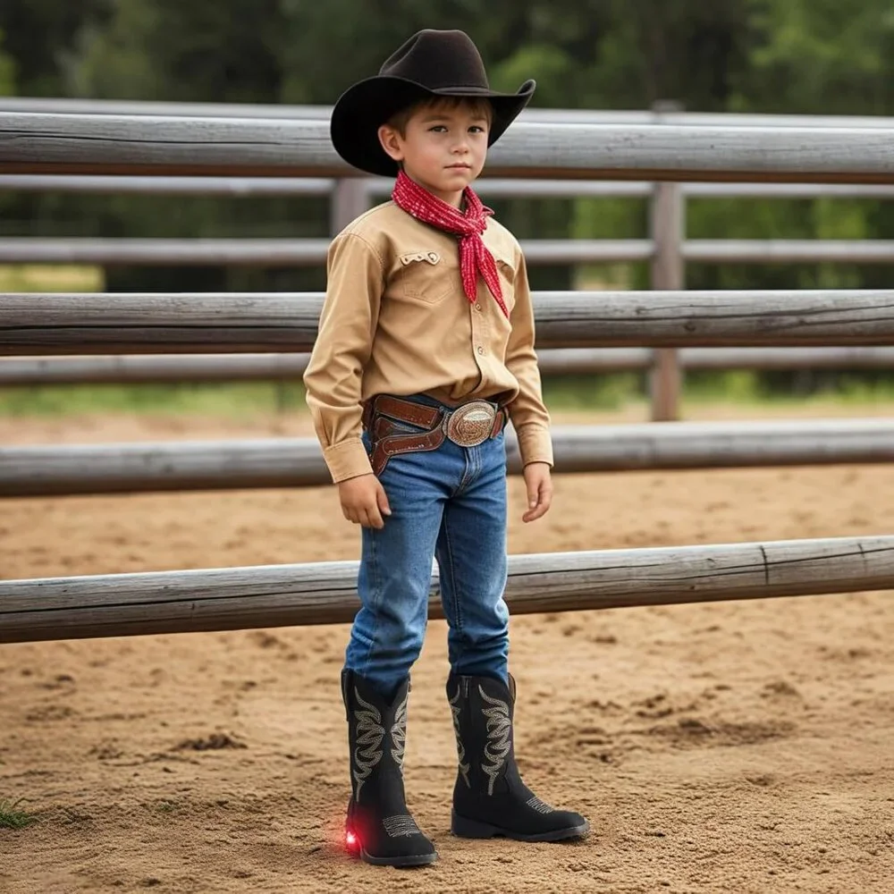 ⚡Girls Black Cowgirl Boots Light Up Kids Western Boots for Toddler Calf High